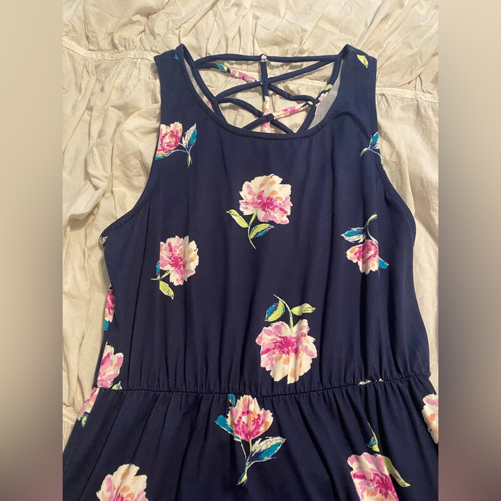 French Grey Maxi Dress Navy Floral Print with Strappy Back Detail *Size L*